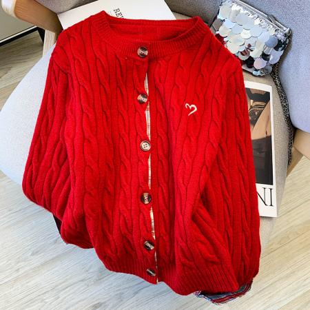 FA55505# 红色格子拼接针织开衫冬季保暖学院风chic麻花毛衣  服裝批發女裝批發服飾貨源