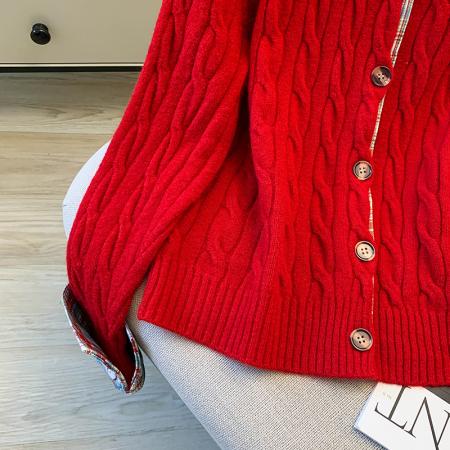 FA55505# 红色格子拼接针织开衫冬季保暖学院风chic麻花毛衣  服裝批發女裝批發服飾貨源