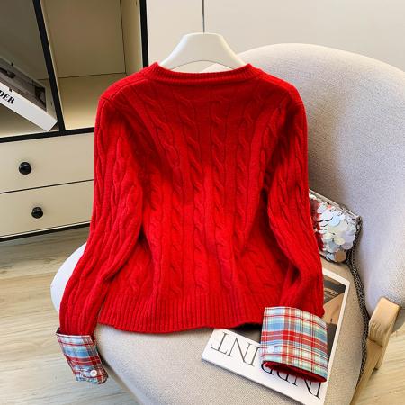 FA55505# 红色格子拼接针织开衫冬季保暖学院风chic麻花毛衣  服裝批發女裝批發服飾貨源