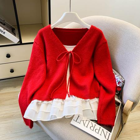 FA55506# 针织开衫秋季上衣女短款花边吊带背心叠穿两件套  服裝批發女裝批發服飾貨源