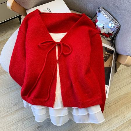 FA55506# 针织开衫秋季上衣女短款花边吊带背心叠穿两件套  服裝批發女裝批發服飾貨源