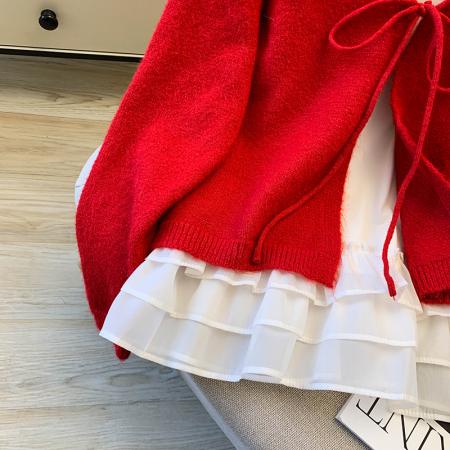 FA55506# 针织开衫秋季上衣女短款花边吊带背心叠穿两件套  服裝批發女裝批發服飾貨源