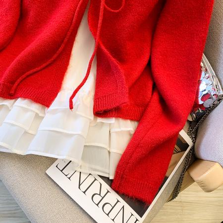 FA55506# 针织开衫秋季上衣女短款花边吊带背心叠穿两件套  服裝批發女裝批發服飾貨源