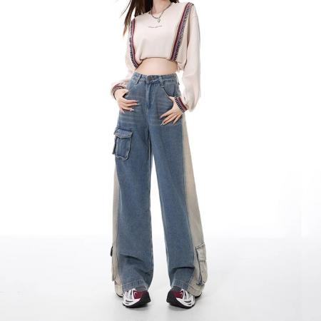 FA55508# 新款重工立体口袋美式复古水洗黄直筒工装酷帅牛仔裤女阔腿裤  服裝批發女裝批發服飾貨源