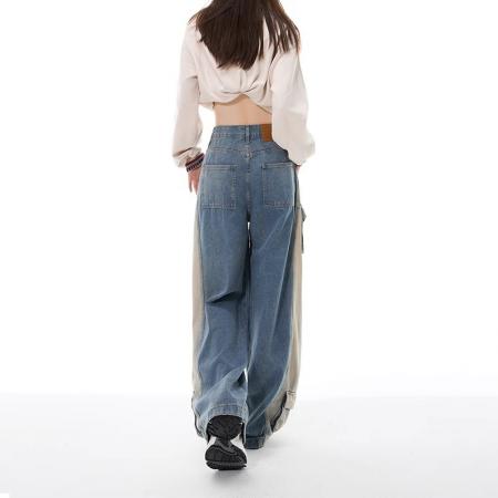 FA55508# 新款重工立体口袋美式复古水洗黄直筒工装酷帅牛仔裤女阔腿裤  服裝批發女裝批發服飾貨源