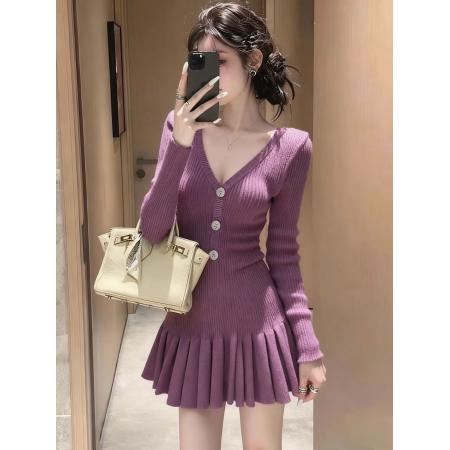 FA55509# 秋冬季温柔风富家千金穿搭高级感巨好看精致小个子针织连衣短裙子  服裝批發女裝批發服飾貨源
