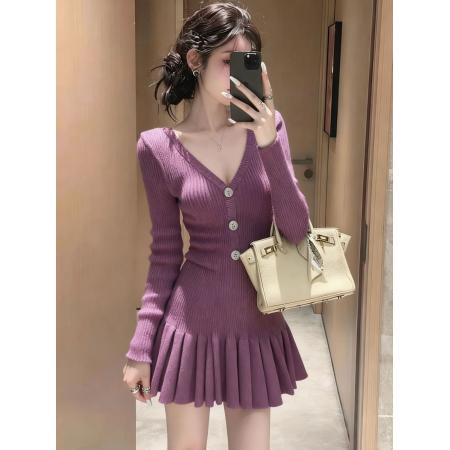 FA55509# 秋冬季温柔风富家千金穿搭高级感巨好看精致小个子针织连衣短裙子  服裝批發女裝批發服飾貨源