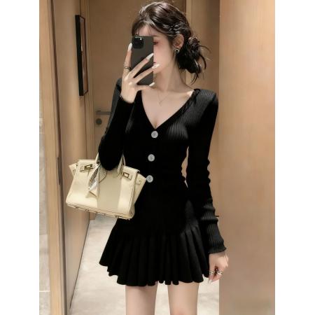 FA55509# 秋冬季温柔风富家千金穿搭高级感巨好看精致小个子针织连衣短裙子  服裝批發女裝批發服飾貨源