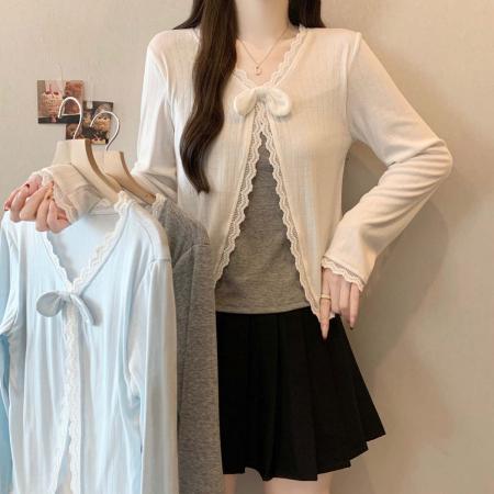 FA55511# 早春个性拼接假两件蝴蝶结针织T恤开衫大码百搭遮肉上衣  服裝批發女裝批發服飾貨源