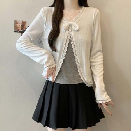FA55511# 早春个性拼接假两件蝴蝶结针织T恤开衫大码百搭遮肉上衣  服裝批發女裝批發服飾貨源