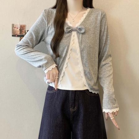 FA55511# 早春个性拼接假两件蝴蝶结针织T恤开衫大码百搭遮肉上衣  服裝批發女裝批發服飾貨源