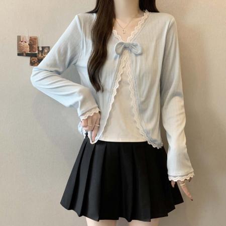 FA55511# 早春个性拼接假两件蝴蝶结针织T恤开衫大码百搭遮肉上衣  服裝批發女裝批發服飾貨源