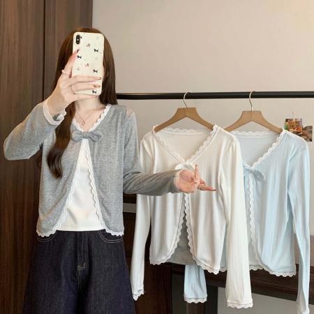 FA55511# 早春个性拼接假两件蝴蝶结针织T恤开衫大码百搭遮肉上衣  服裝批發女裝批發服飾貨源