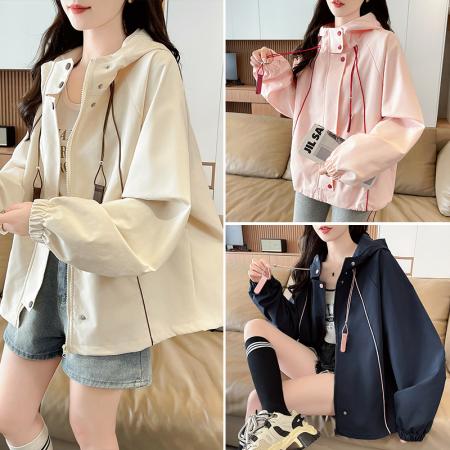 FA55512# 韩版连帽冲锋衣外套女春秋新款今年流行爆款宽松休闲夹克上衣  服裝批發女裝批發服飾貨源