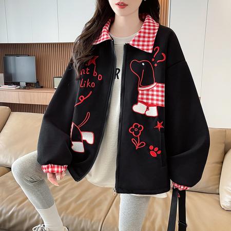 FA55513# 小狗刺绣拼接格子翻领外套女春秋新款初高中学生格子工装夹克  服裝批發女裝批發服飾貨源