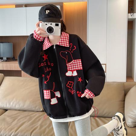 FA55513# 小狗刺绣拼接格子翻领外套女春秋新款初高中学生格子工装夹克  服裝批發女裝批發服飾貨源