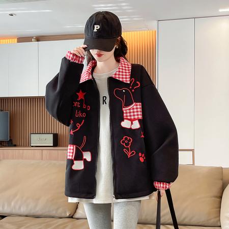 FA55513# 小狗刺绣拼接格子翻领外套女春秋新款初高中学生格子工装夹克  服裝批發女裝批發服飾貨源