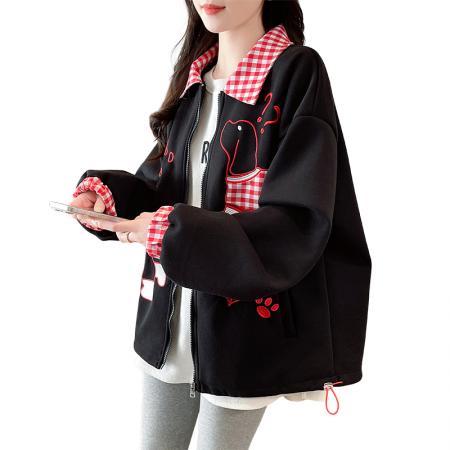 FA55513# 小狗刺绣拼接格子翻领外套女春秋新款初高中学生格子工装夹克  服裝批發女裝批發服飾貨源