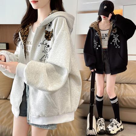 FA55514# 美式复古可爱卡通猫咪印花连帽开衫卫衣大童初中高中学生宽松外套  服裝批發女裝批發服飾貨源