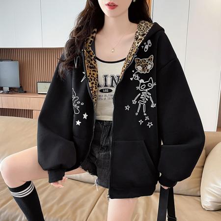 FA55514# 美式复古可爱卡通猫咪印花连帽开衫卫衣大童初中高中学生宽松外套  服裝批發女裝批發服飾貨源