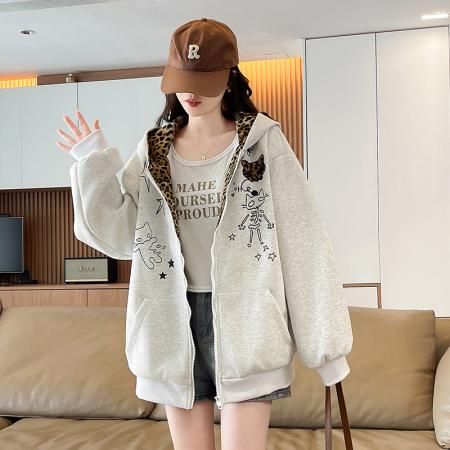 FA55514# 美式复古可爱卡通猫咪印花连帽开衫卫衣大童初中高中学生宽松外套  服裝批發女裝批發服飾貨源