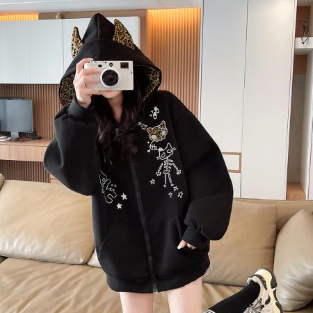 FA55514# 美式复古可爱卡通猫咪印花连帽开衫卫衣大童初中高中学生宽松外套  服裝批發女裝批發服飾貨源