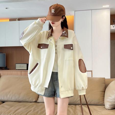 FA55515# 韩版工装拼接翻领夹克外套女春秋款宽松休闲大码学生飞行夹克上衣  服裝批發女裝批發服飾貨源