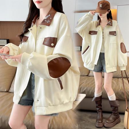 FA55515# 韩版工装拼接翻领夹克外套女春秋款宽松休闲大码学生飞行夹克上衣  服裝批發女裝批發服飾貨源