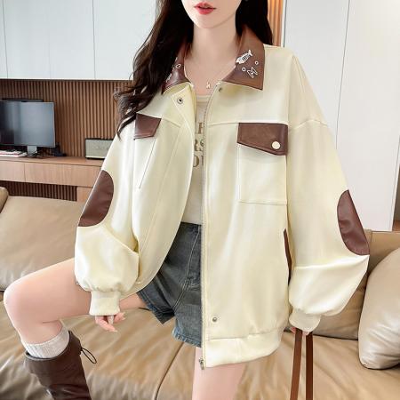 FA55515# 韩版工装拼接翻领夹克外套女春秋款宽松休闲大码学生飞行夹克上衣  服裝批發女裝批發服飾貨源