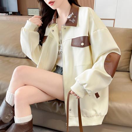 FA55515# 韩版工装拼接翻领夹克外套女春秋款宽松休闲大码学生飞行夹克上衣  服裝批發女裝批發服飾貨源