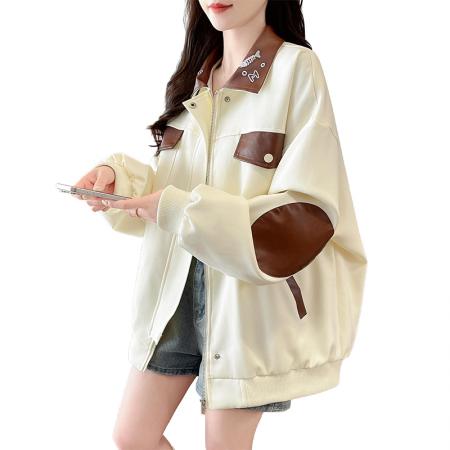 FA55515# 韩版工装拼接翻领夹克外套女春秋款宽松休闲大码学生飞行夹克上衣  服裝批發女裝批發服飾貨源