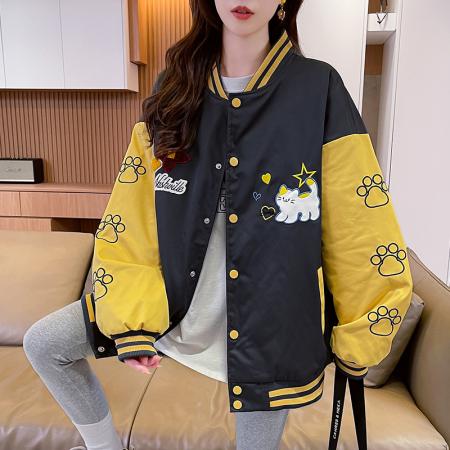 FA55517# 美式甜酷猫爪刺绣撞色超好看夹棉外套棒球服夹克男女百搭宽松情侣  服裝批發女裝批發服飾貨源