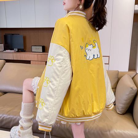 FA55517# 美式甜酷猫爪刺绣撞色超好看夹棉外套棒球服夹克男女百搭宽松情侣  服裝批發女裝批發服飾貨源