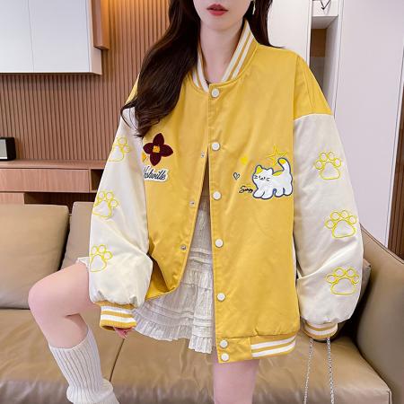 FA55517# 美式甜酷猫爪刺绣撞色超好看夹棉外套棒球服夹克男女百搭宽松情侣  服裝批發女裝批發服飾貨源