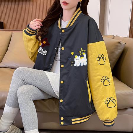 FA55517# 美式甜酷猫爪刺绣撞色超好看夹棉外套棒球服夹克男女百搭宽松情侣  服裝批發女裝批發服飾貨源