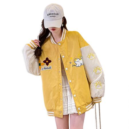 FA55517# 美式甜酷猫爪刺绣撞色超好看夹棉外套棒球服夹克男女百搭宽松情侣  服裝批發女裝批發服飾貨源