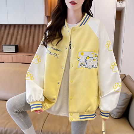 FA55518# 新款棒球服重工猫咪刺绣撞色棒球服外套情侣国潮甜酷外套百搭  服裝批發女裝批發服飾貨源