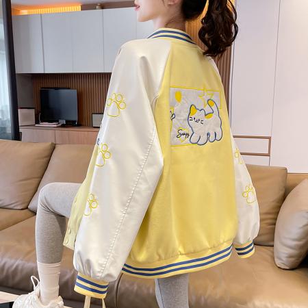 FA55518# 新款棒球服重工猫咪刺绣撞色棒球服外套情侣国潮甜酷外套百搭  服裝批發女裝批發服飾貨源