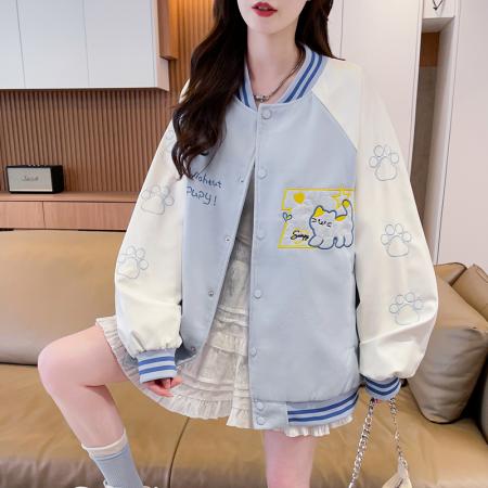 FA55518# 新款棒球服重工猫咪刺绣撞色棒球服外套情侣国潮甜酷外套百搭  服裝批發女裝批發服飾貨源