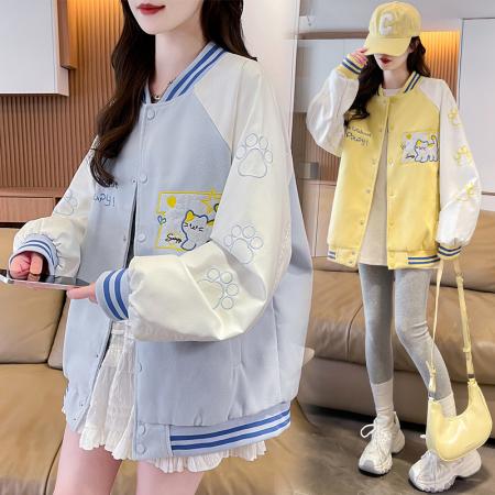 FA55518# 新款棒球服重工猫咪刺绣撞色棒球服外套情侣国潮甜酷外套百搭  服裝批發女裝批發服飾貨源