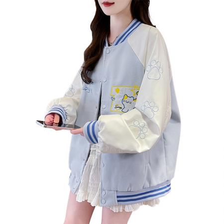 FA55518# 新款棒球服重工猫咪刺绣撞色棒球服外套情侣国潮甜酷外套百搭  服裝批發女裝批發服飾貨源