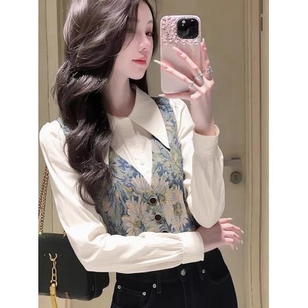 FA55523# 白色假两件衬衫女轻奢高端法式气质名媛独特漂亮提花拼接上衣春  服裝批發女裝批發服飾貨源