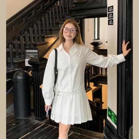 FA55525# 早春设计款双腰带装饰宽松衬衫裙单排扣连衣裙百褶裙  服裝批發女裝批發服飾貨源