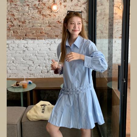 FA55525# 早春设计款双腰带装饰宽松衬衫裙单排扣连衣裙百褶裙  服裝批發女裝批發服飾貨源
