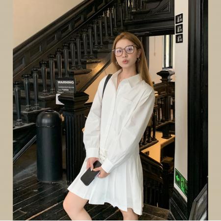 FA55525# 早春设计款双腰带装饰宽松衬衫裙单排扣连衣裙百褶裙  服裝批發女裝批發服飾貨源