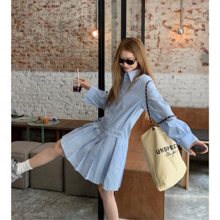 FA55525# 早春设计款双腰带装饰宽松衬衫裙单排扣连衣裙百褶裙  服裝批發女裝批發服飾貨源