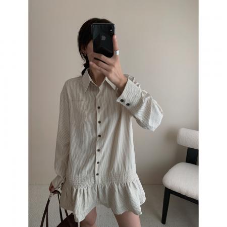 FA55526# 早春竖条纹衬衫裙双层荷叶边下摆连衣裙  服裝批發女裝批發服飾貨源