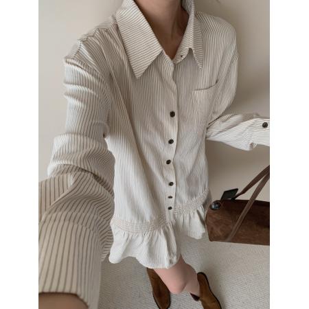 FA55526# 早春竖条纹衬衫裙双层荷叶边下摆连衣裙  服裝批發女裝批發服飾貨源