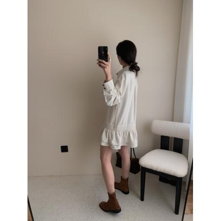 FA55526# 早春竖条纹衬衫裙双层荷叶边下摆连衣裙  服裝批發女裝批發服飾貨源