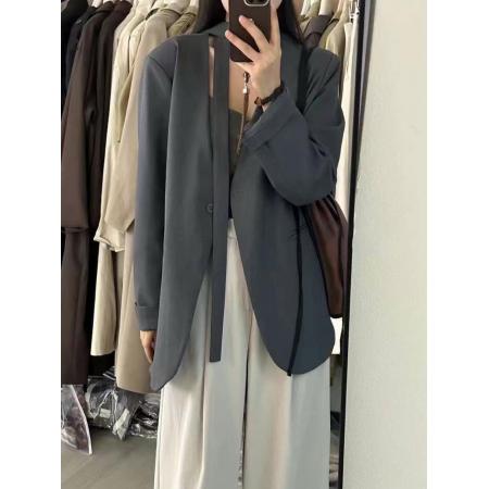 FA55527# 自留推荐高品质v领一粒扣宽松系带西装外套  服裝批發女裝批發服飾貨源